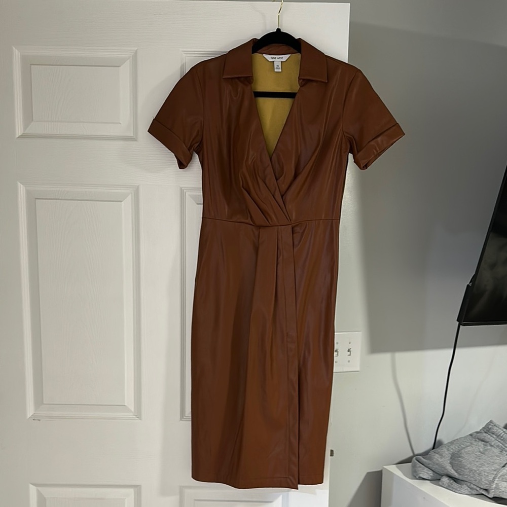 Nine West Brown Sheath Midi Dress with Notched Collar